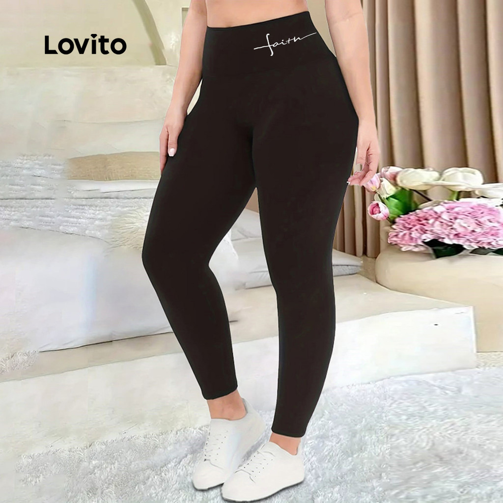 Lovito Leggings Curvas Plus Size Leggings Casuais Com Letras Para Mulheres LNE72219 em Oferta na Shopee