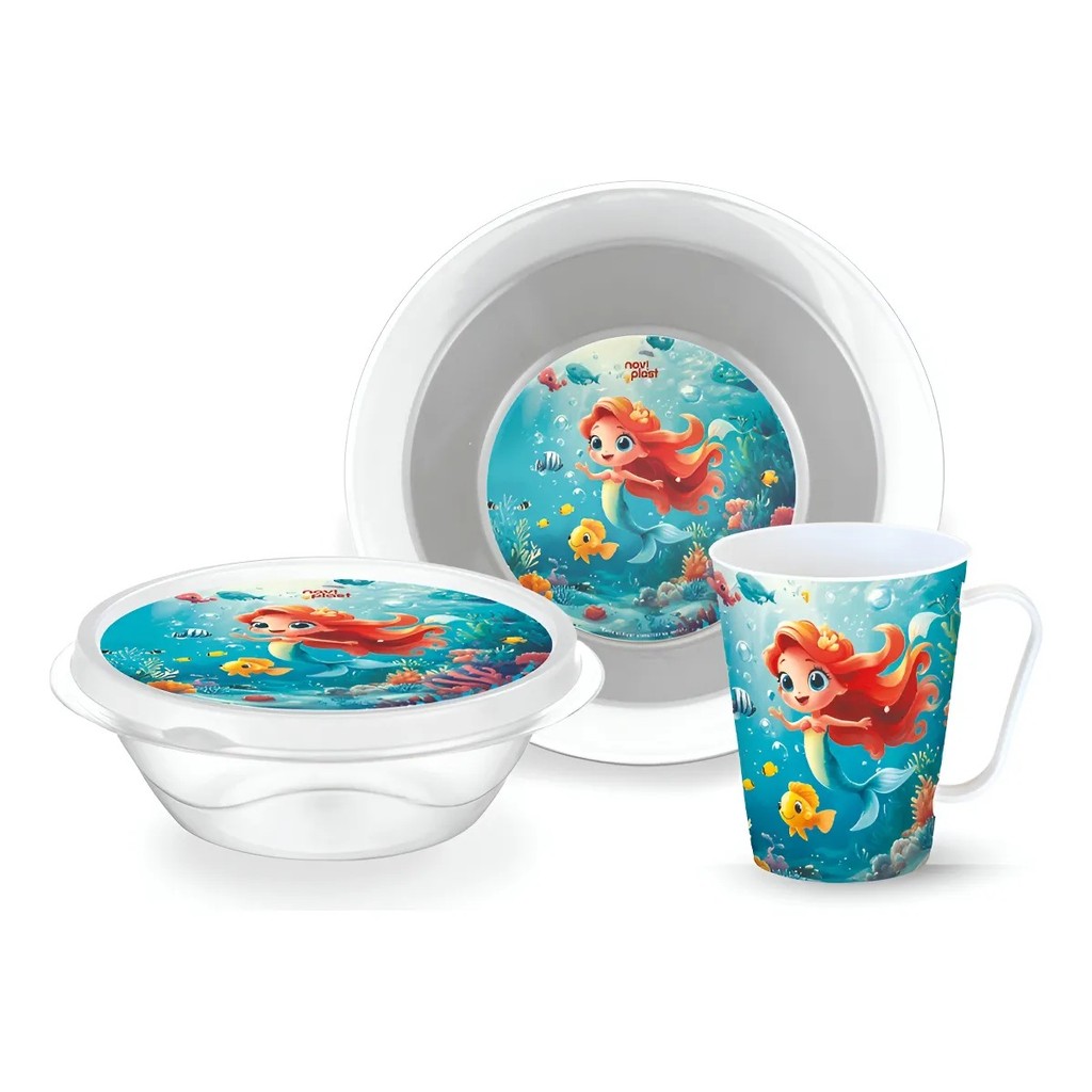 Kit Refeição Pequena Sereia Escolar Infantil Personagens Criança Plástico 3 Itens