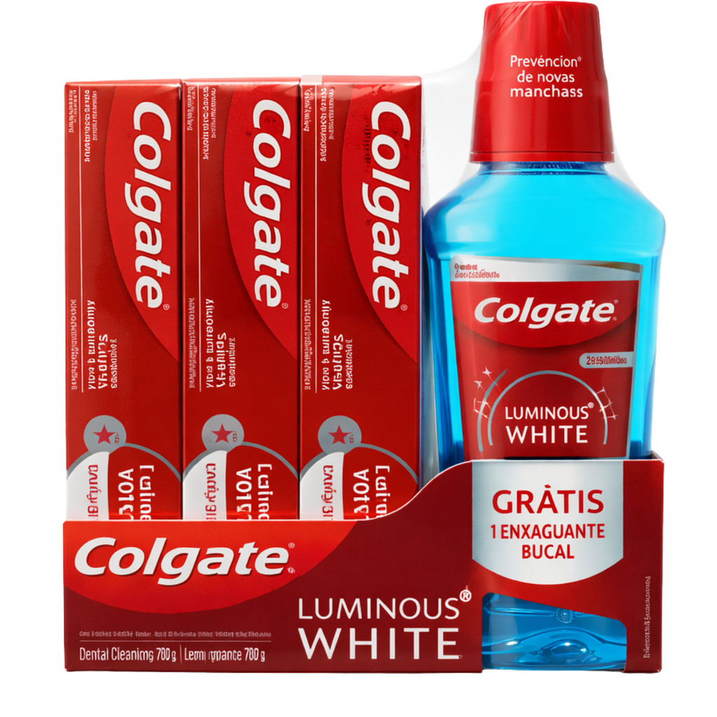 Kit Colgate Luminous White Com 3 Creme Dental + Enxaguante em Oferta na Shopee