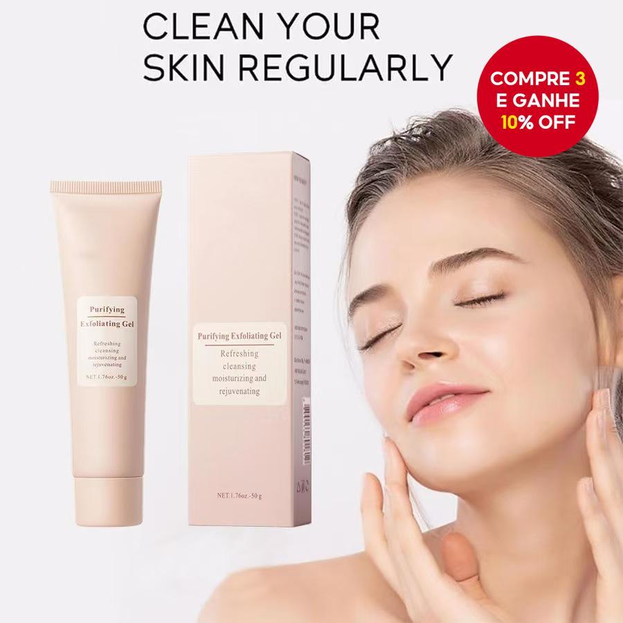 O gel esfoliante remove a pele morta, limpa o queratina facial, desobstrui os poros e hidrata a pele.