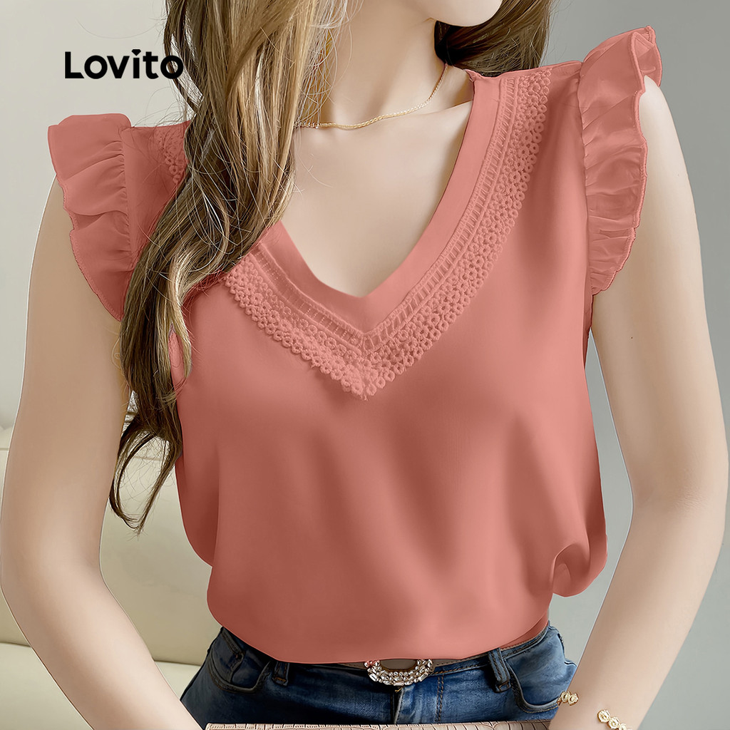 Lovito Blusa Elegante com Babado e Golinha Gravatada Primavera/verão Blusa Rosa para Mulher L150ED131 em Oferta na Shopee