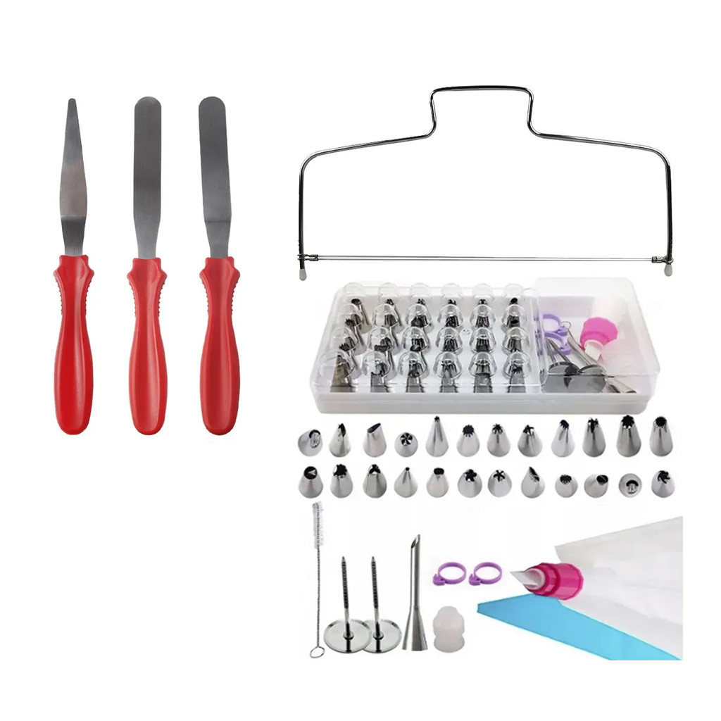 Kit Confeitar Nivelador Bolos 3 Espátulas Jogo 24 Bicos Inox Saco Confeitar Silicone Utensílios Confeitar Decorar Doces