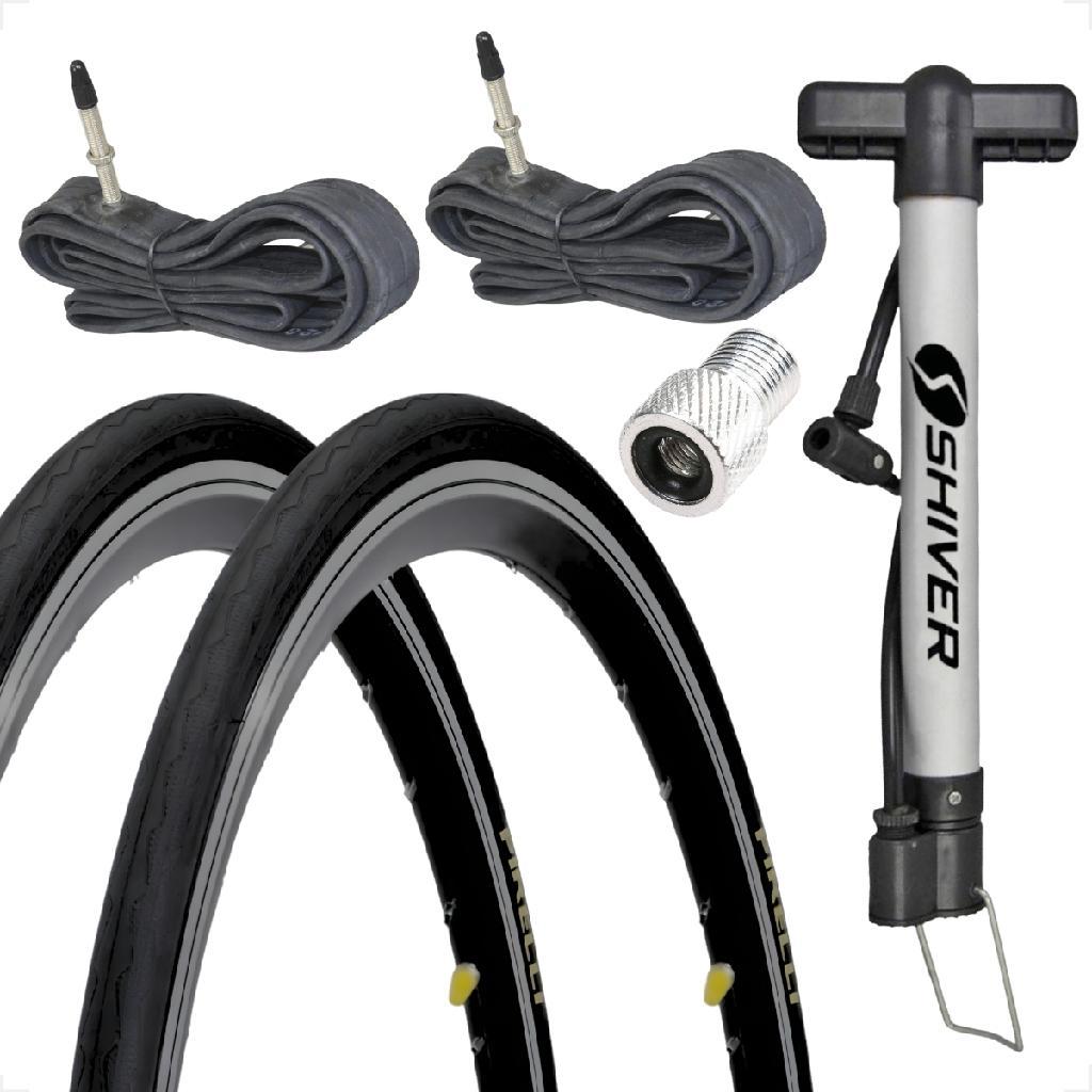 Par Pneu Bicicleta Pirelli Tornado Alfa 700 X 25 Par Camara Bico fino 60mm + Bomba de ar + adaptador