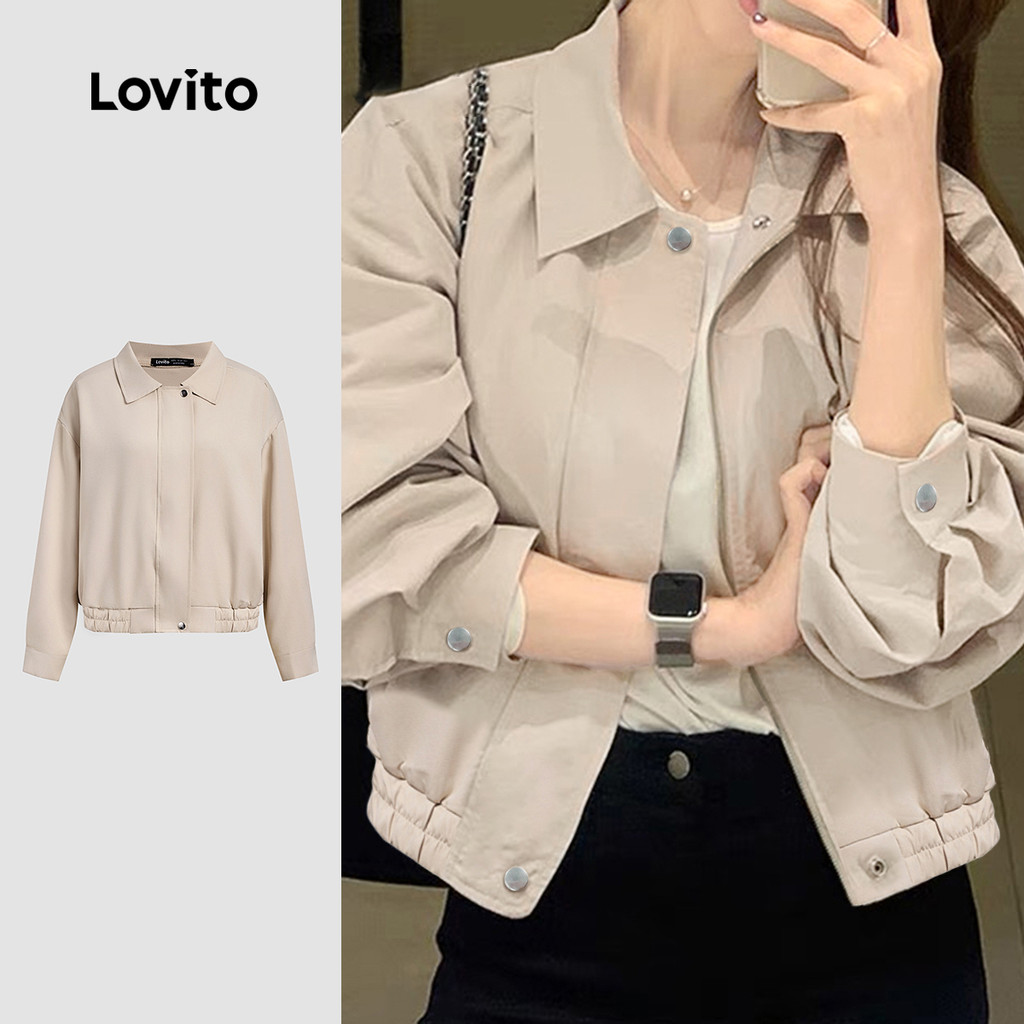 Lovito Casaco Casual Corta-Vento/Casaco Impermeável Com Zíper E Botão Para Mulheres LNA34140 (Damasco) em Oferta na Shopee