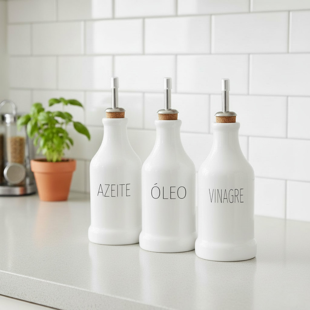 Conjunto 3 Garrafas Galheteiro 270 ml Azeite Vinagre e óleo Porcelana