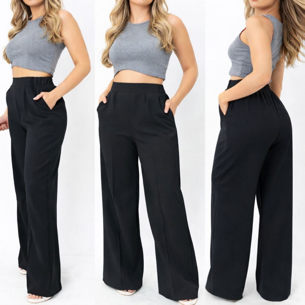 2 Calças Social Pantalona LINHO Cintura Alta Elegante Social, com bolso Premio