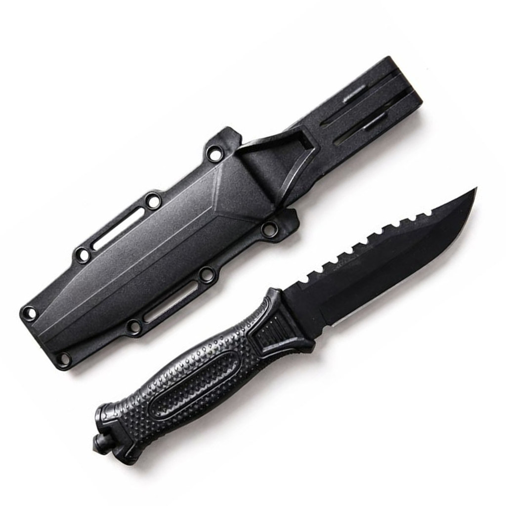 Faca Xingu Tática 24cm Pescador Lâmina Serrilhada Preta Cabo Emborrachado Sobrevivência Camping Militar Pesca Bainha