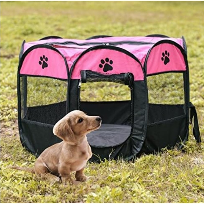 Cercado Grande Casinha Pet Dobrável Portátil Cão Gato Cercadinho Tenda Rosa E Preto