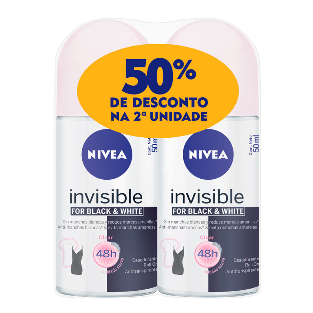 Desodorante Nivea Invisible For Black & White Clear Roll-on 2 Unidades de 50ml cada + 50% Desconto na 2ª Unidade em Oferta na Shopee