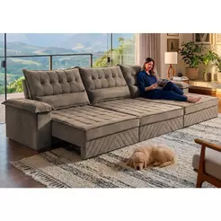 Sofá Retrátil e Reclinável 3,90m com Molas e Espuma D33 Thunder. Velusoft Cama inBox