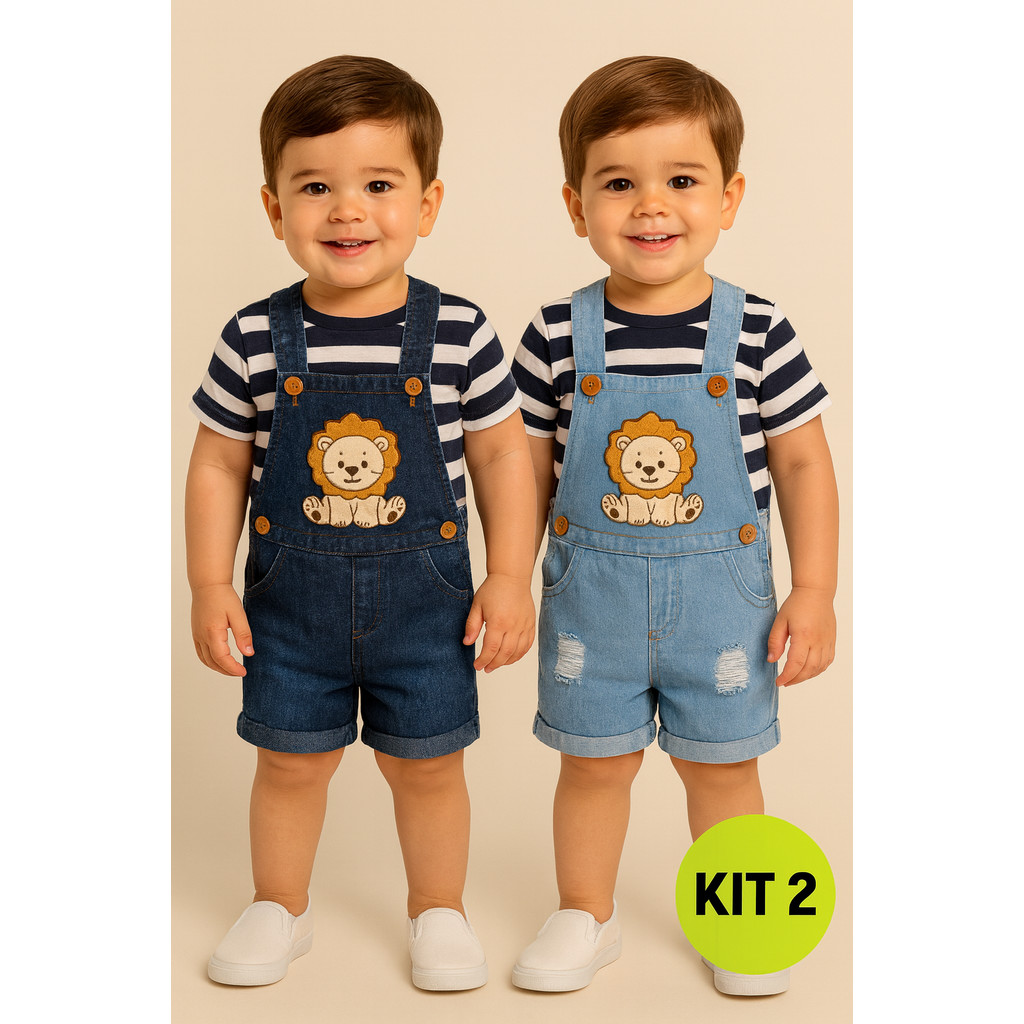 KIT 2 Macacão Jardineira Short Jeans Masculina Infantil Menino (1, 2 e 3 anos)