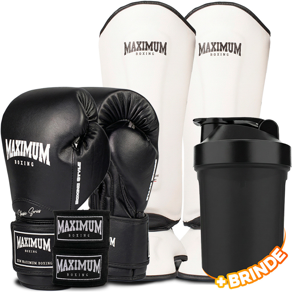 Kit Luva Muay Thai Boxe Boxing New Classic Tamanho 08 + Bandagem + Caneleira Maximum White Tamanho G