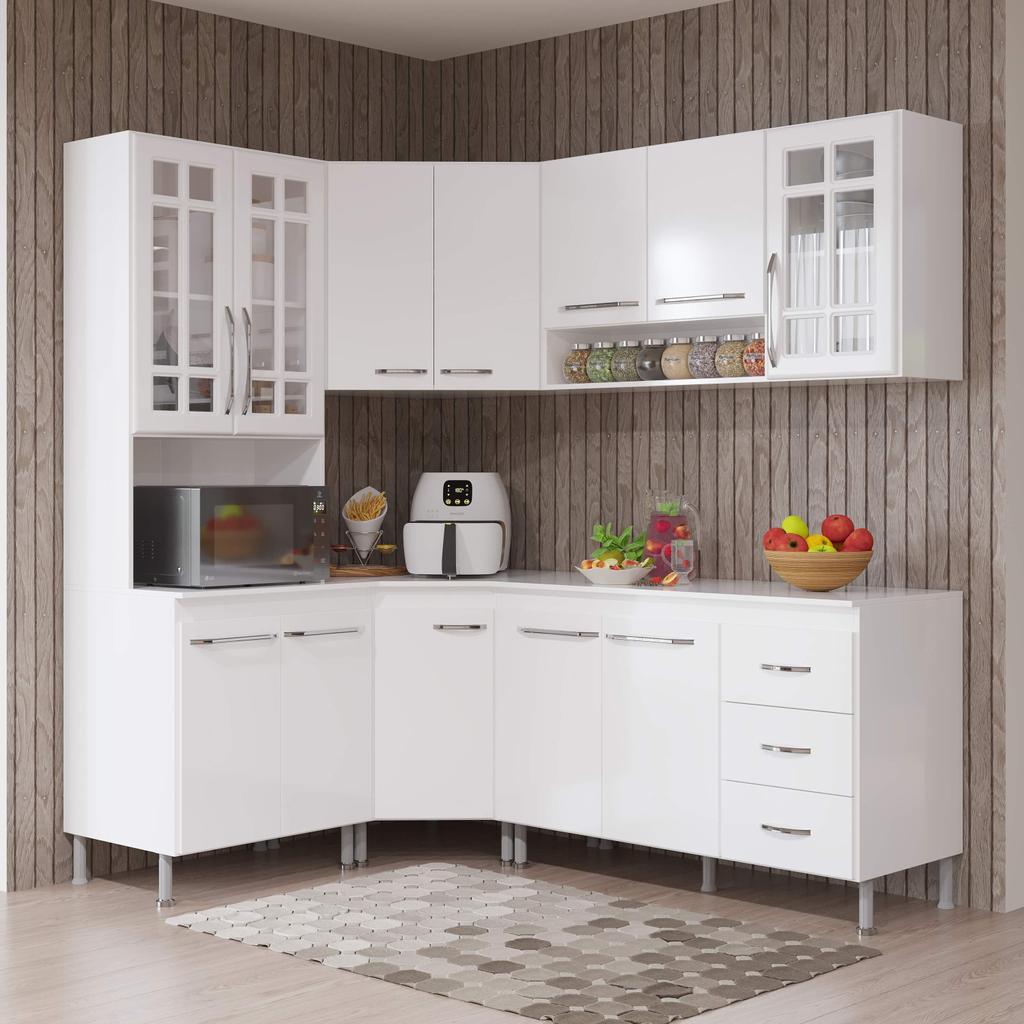 Cozinha Modulada Completa Fidelitá Viena 5 Peças 340cm 12 Portas 3 Gavetas Com Tampo Branco em Oferta na Shopee