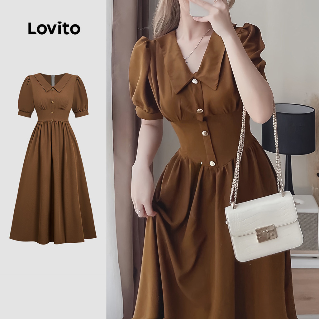Lovito  Vestido Elegante Botão Primavera/verão Marrom para Mulheres L178ED407 em Oferta na Shopee