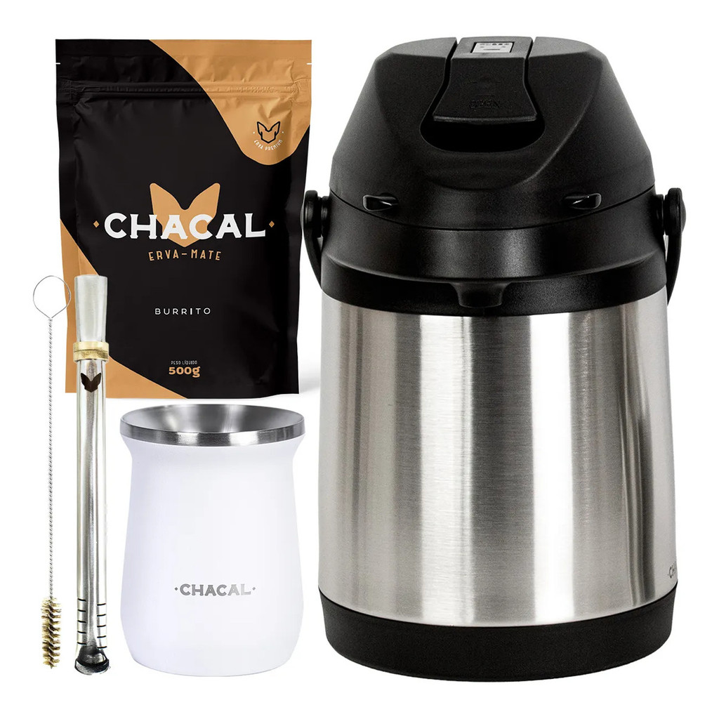 Kit Tereré Chacal Copo Branco Bomba Garrafa Térmica Inox 2.5l  E Erva