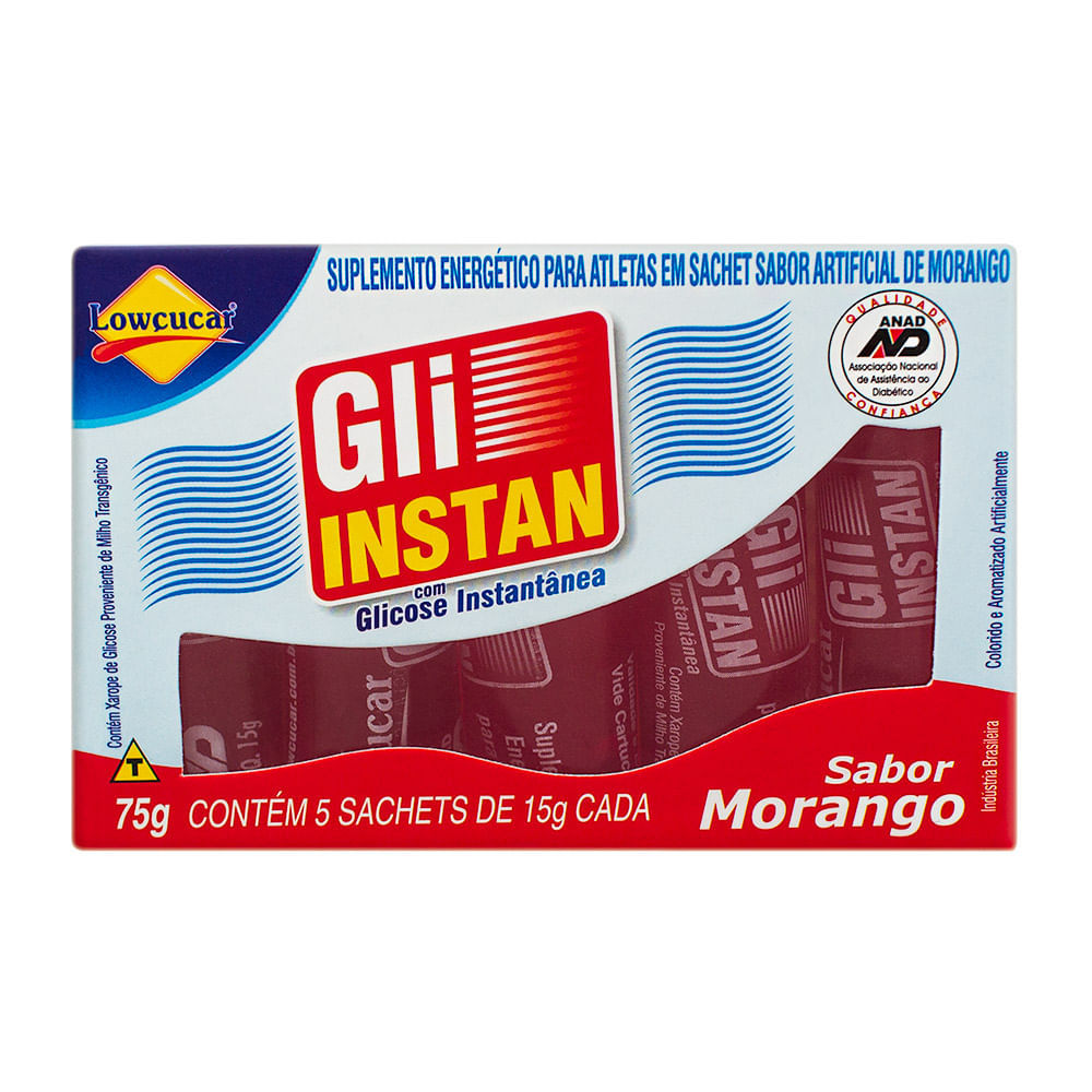 Bala Líquida Gli-Instan com Glicose Instantânea Sabor Morango com 5 sachês de 15g em Oferta na Shopee
