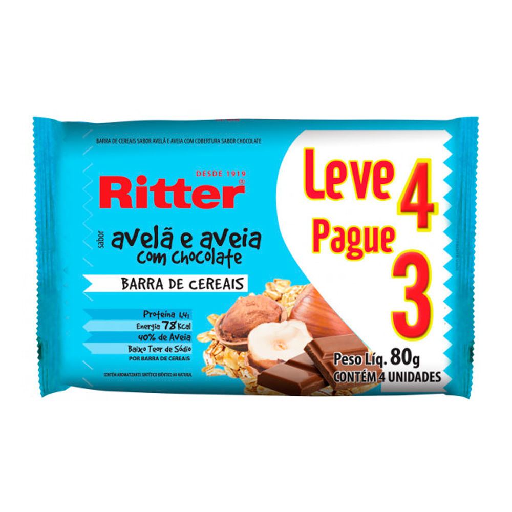 Barra de Cereais Ritter Avelã e Aveia com Chocolate Leve 4 Pague 3 com 4 unidades de 20g cada em Oferta na Shopee