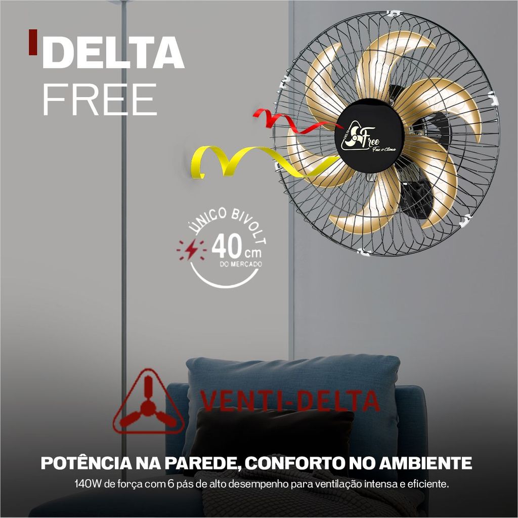 Ventilador Oscilante de Parede Delta Free 40cm 140W Bivolt Cor Preto ou Branco V