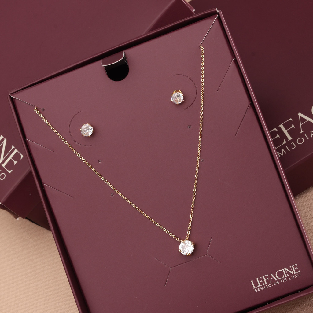 Semijoia Luxo Conjunto Ponto Luz Colar Brincos Banho de Ouro 18K  Presente Feminino