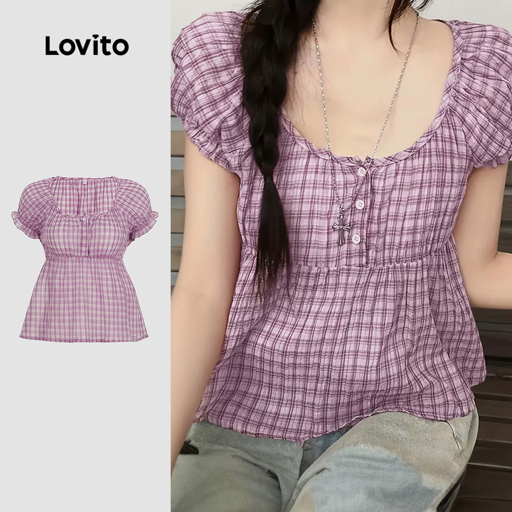 (NEW) Lovito Blusa Casual Primavera/verão Blusa Roxa para Mulheres LK4EDD485