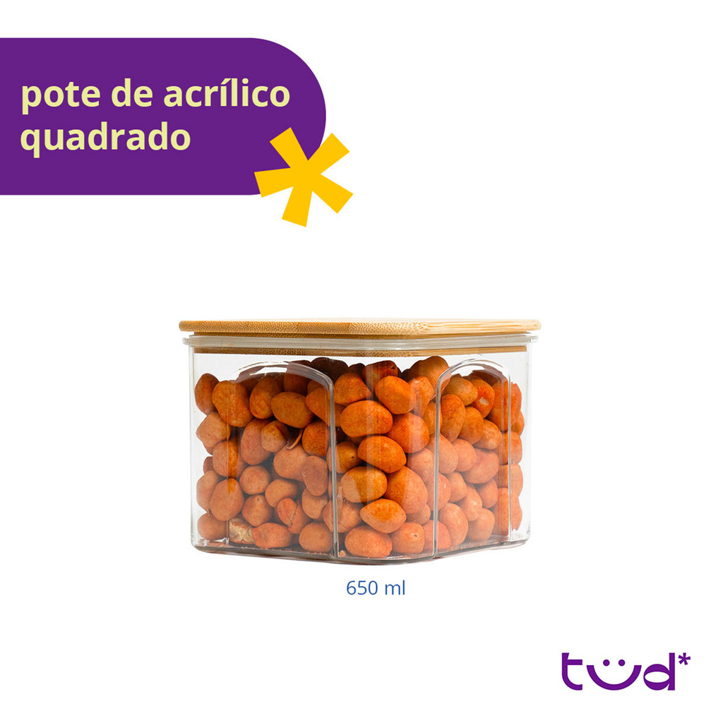 Pote acrílico 650ml com tampa bambu hermético quadrado - Tüd — imagem 2 de 2