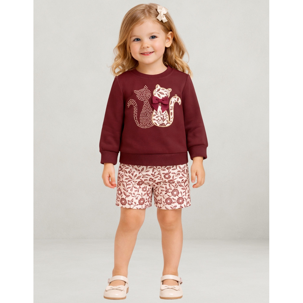 Conjunto Infantil Menina Inverno Blusa Gatinho Vinho e Short em Moletom Milon 2001494
