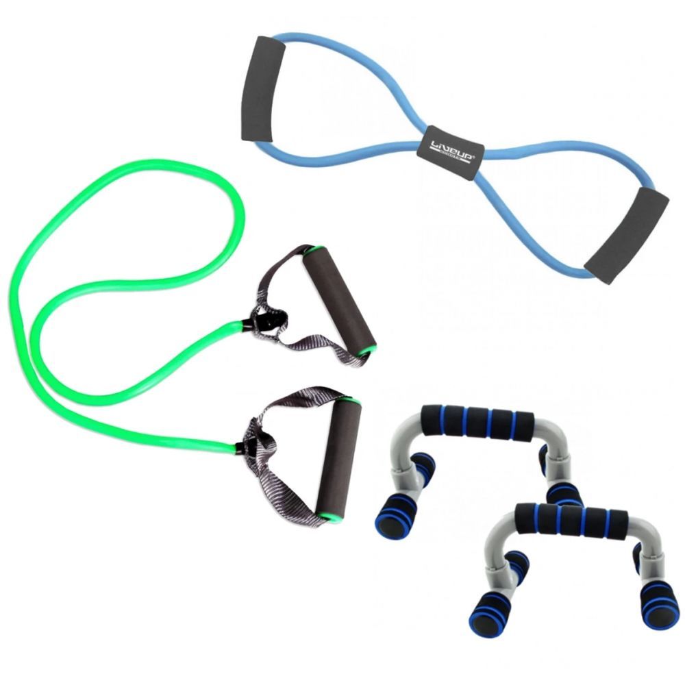 Kit Extensor Tensão Media Verde + Extensor em 8 Forte Azul + Par de Apoio Flexão