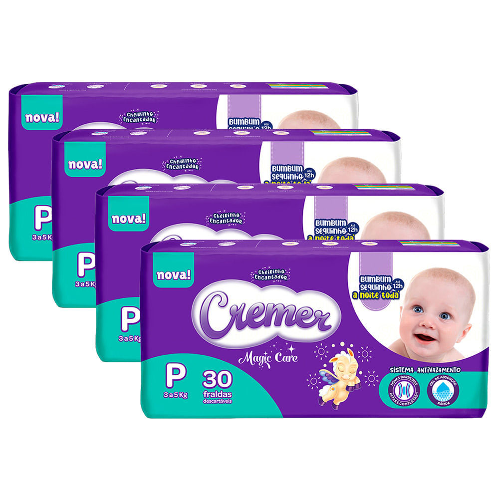 Kit 4 Fralda Cremer Magic Care Tamanho P Pacote Jumbo 30 Unidades Descartáveis em Oferta na Shopee