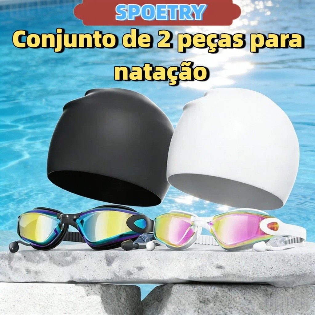 Conjunto de natação touca de silicone+óculos de natação ideal para piscina e praia névoa Modelo ajustável para adultos