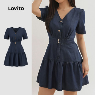 Lovito Vestido Azulescuro Plissado Casual de Verão/primavera com Botões Frontais para mulheres LK5LD203 em Oferta na Shopee