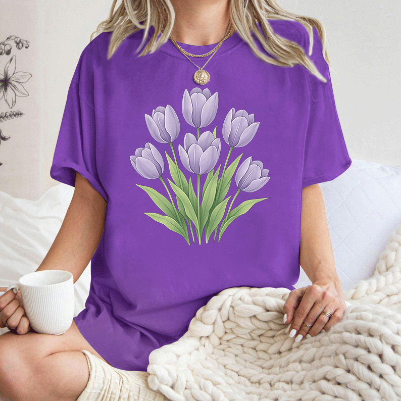 [Camiseta Premium Algodão Puro]LA Camiseta Feminina Estampa Floral Lila Curta Manga, Algodão Puro, Usos Casuais