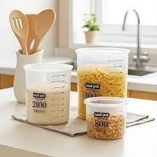 Kit 4 Potes Plástico Conserva Guarda Armazenar Tampa Arroz Feijão Comida Vasilha Achadinhos