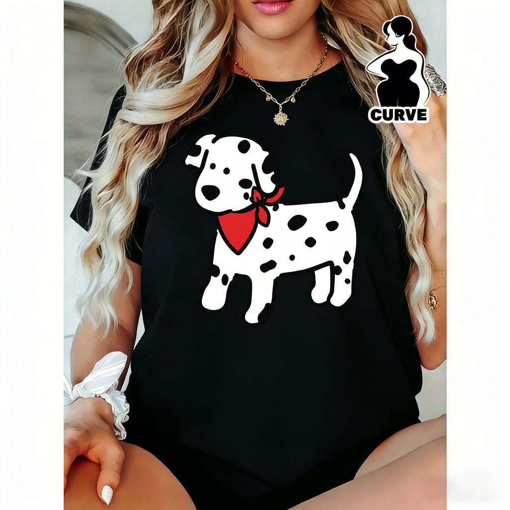 Camiseta Feminina Estampa Fofa Cachorro Dalmata Ponto Vermelho Estilo Infantil Moderno Confortável Tendência