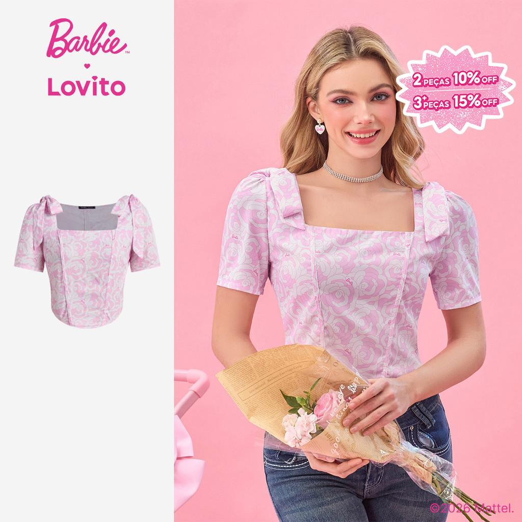 (New arrival) Barbie™ X Lovito  Blusa Casual Padrão Amarrar Frente Blusa Primavera/verão para Mulheres BLBL2PAD023
