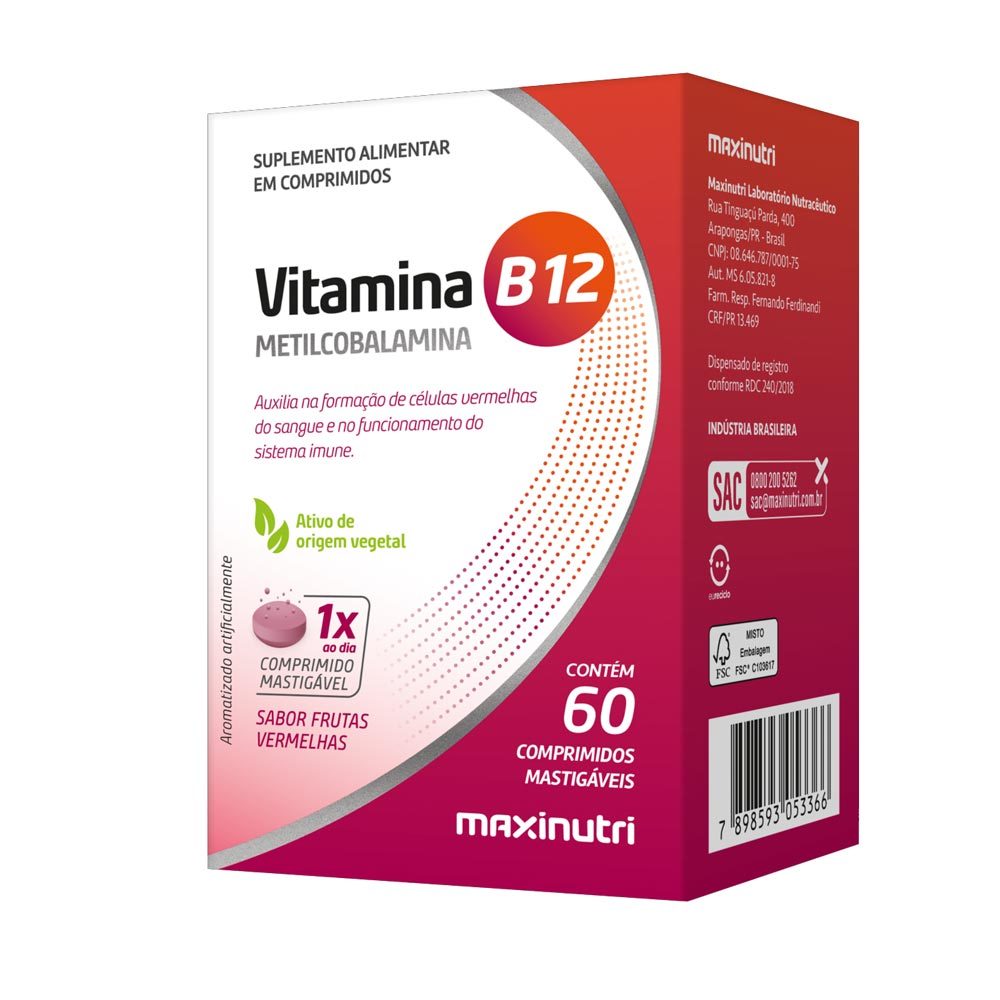 Vitamina B12 Maxinutre Sabor Frutas Vermelhas com 60 Comprimidos Mastigáveis em Oferta na Shopee