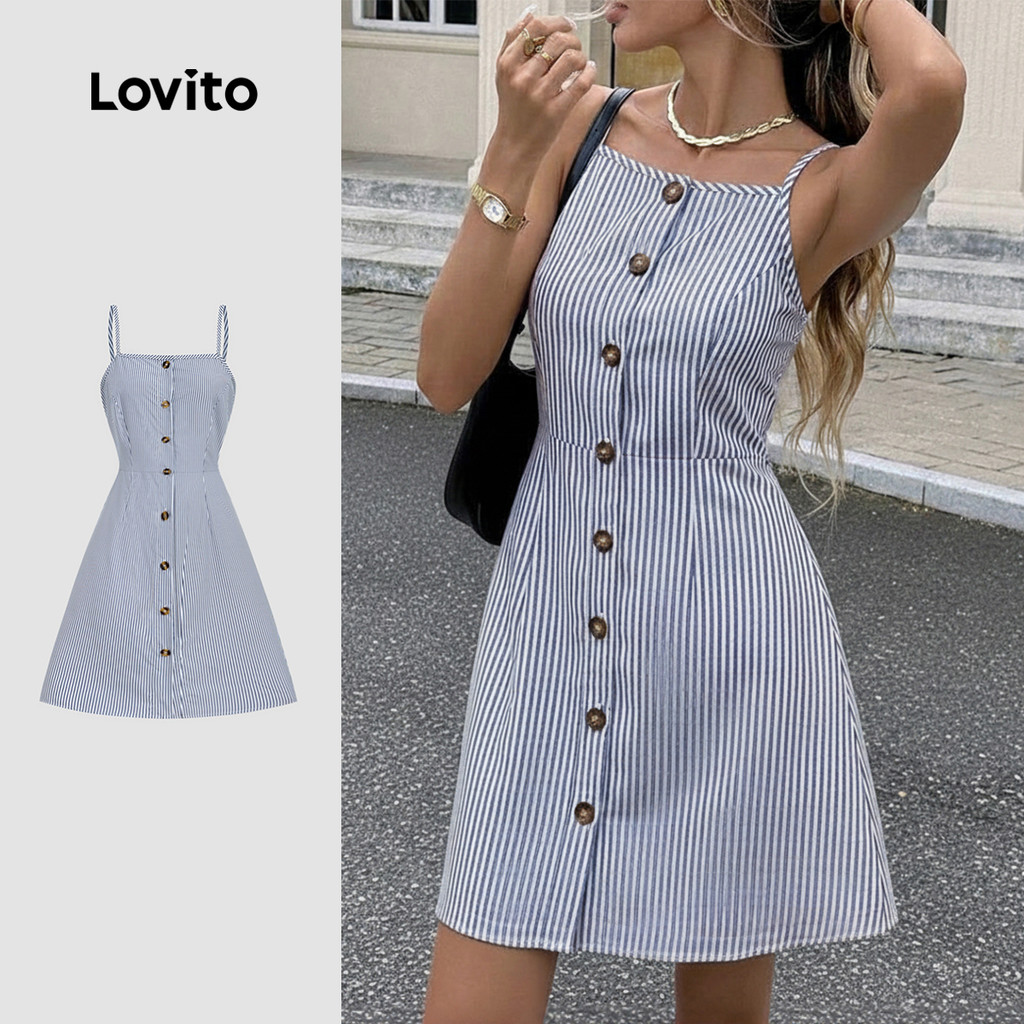 Lovito Vestido Casual Botão Frontal Clássico e Versátil Primavera/verão Azul par