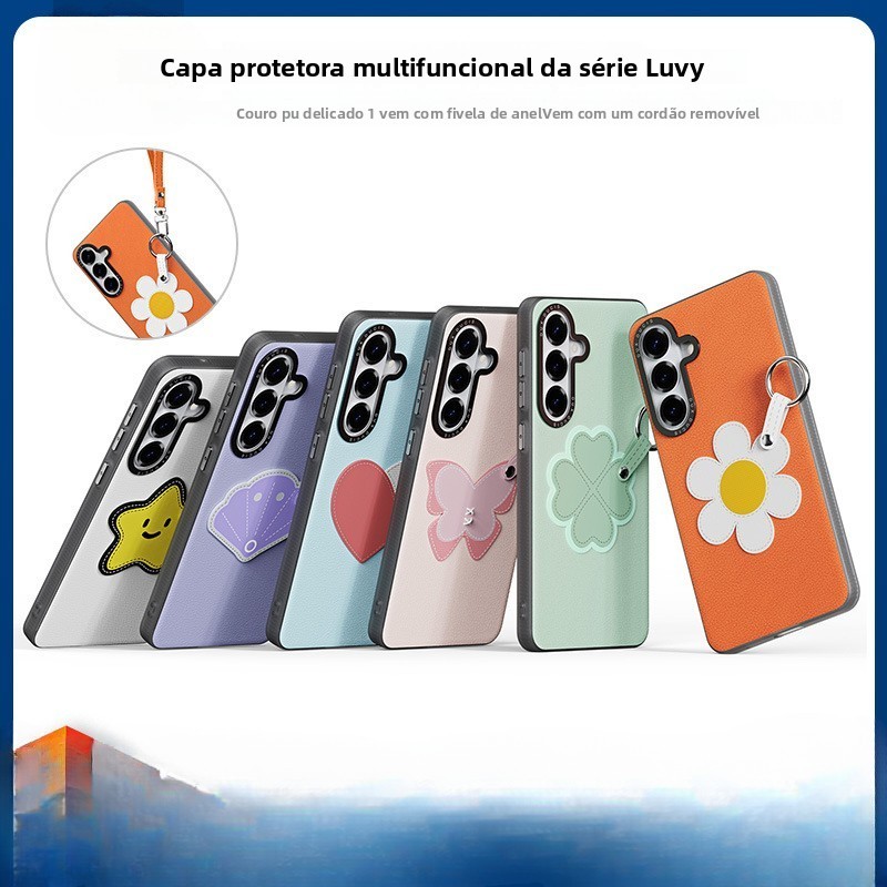 Capa de telefone multifuncional de couro PU com fivela de anel + cordão removível para Samsung S26/S26 Plus/S26 Ultra