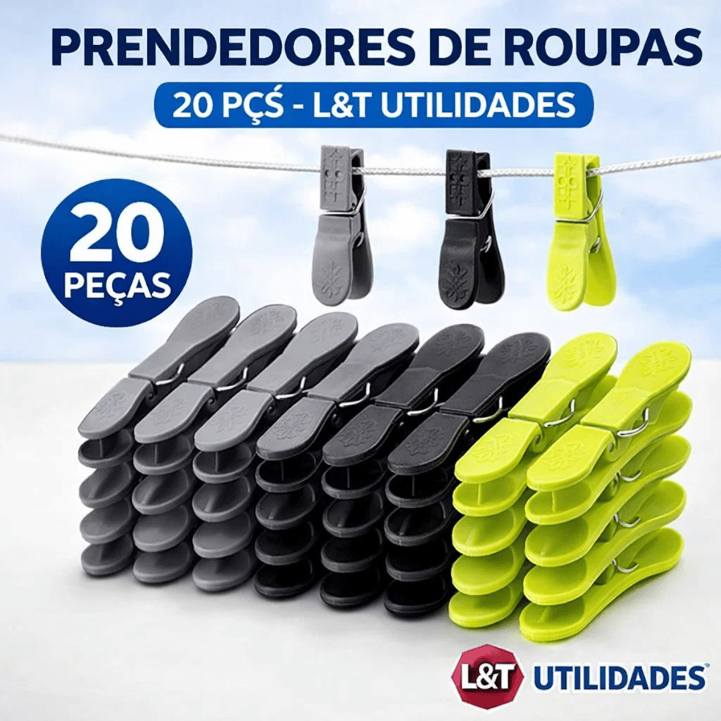 Prendedores de Roupas 20 Peças Plástico Reforçado - L&T Utilidades / Varal Lavanderia Casa