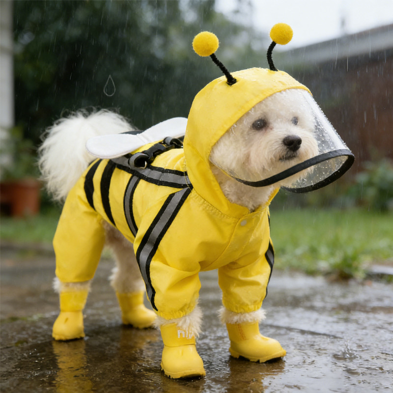 Capa de chuva impermeável para cães pequenos, protege contra chuva e sujeira.