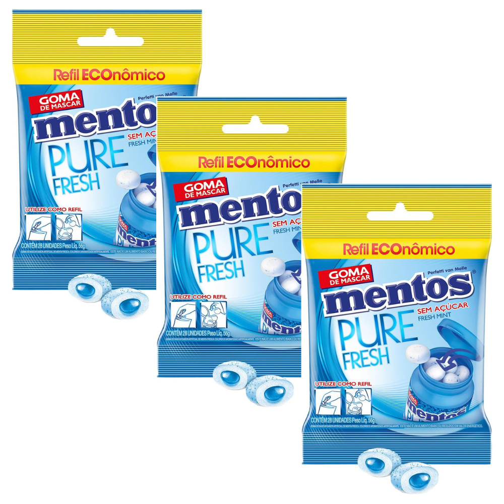 Kit com 3x Chiclete Mentos Refil Pure Fresh 56gr Sabor: Fresh Mint