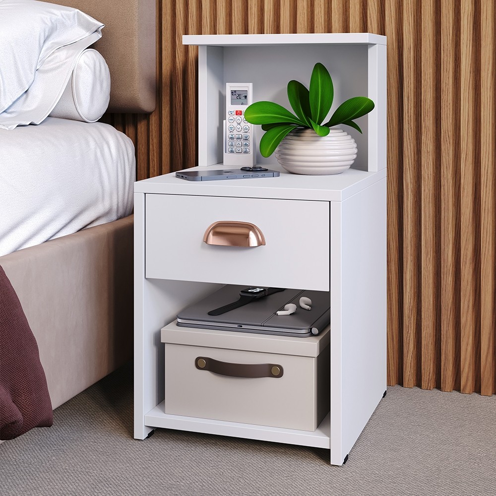 Mesa de Cabeceira Criado  Quarto Lateral de cama com Gaveta Nicho e Prateleira Cama Cleo