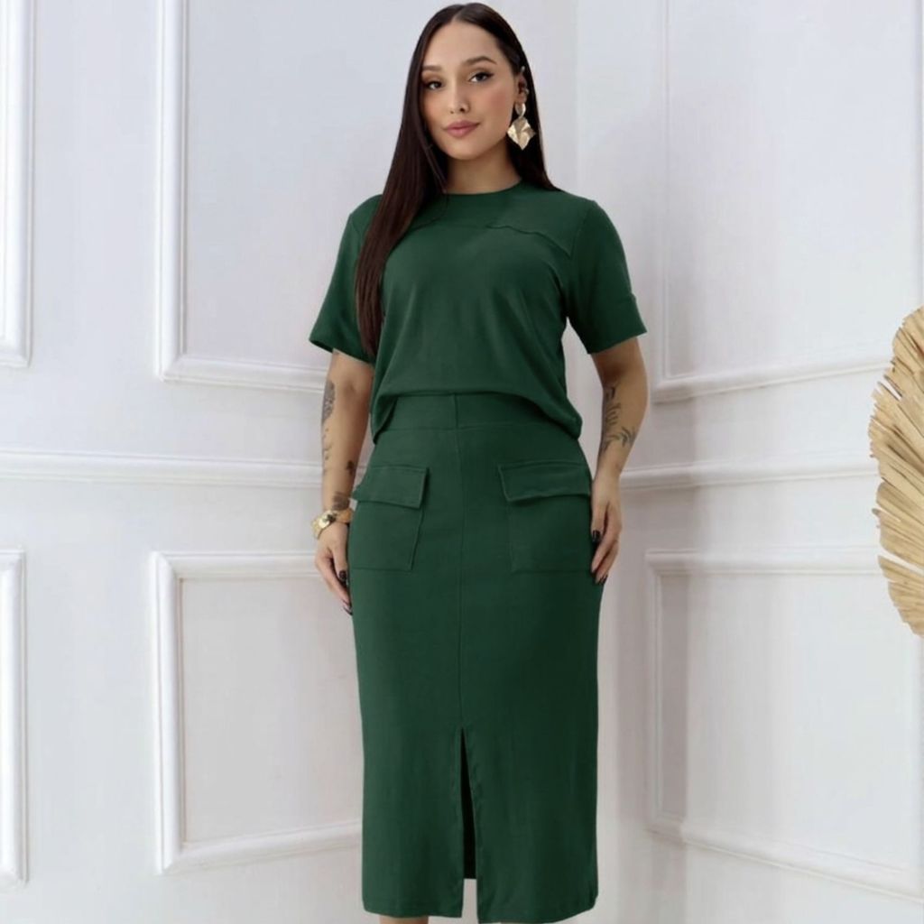 Conjunto Feminino Blusa E Saia Midi Elegante Moda Casual