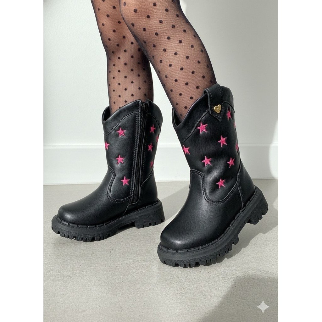 Bota Nilqi Manu Preta Estrela Pink Modelo 2 Boiadeira Country
