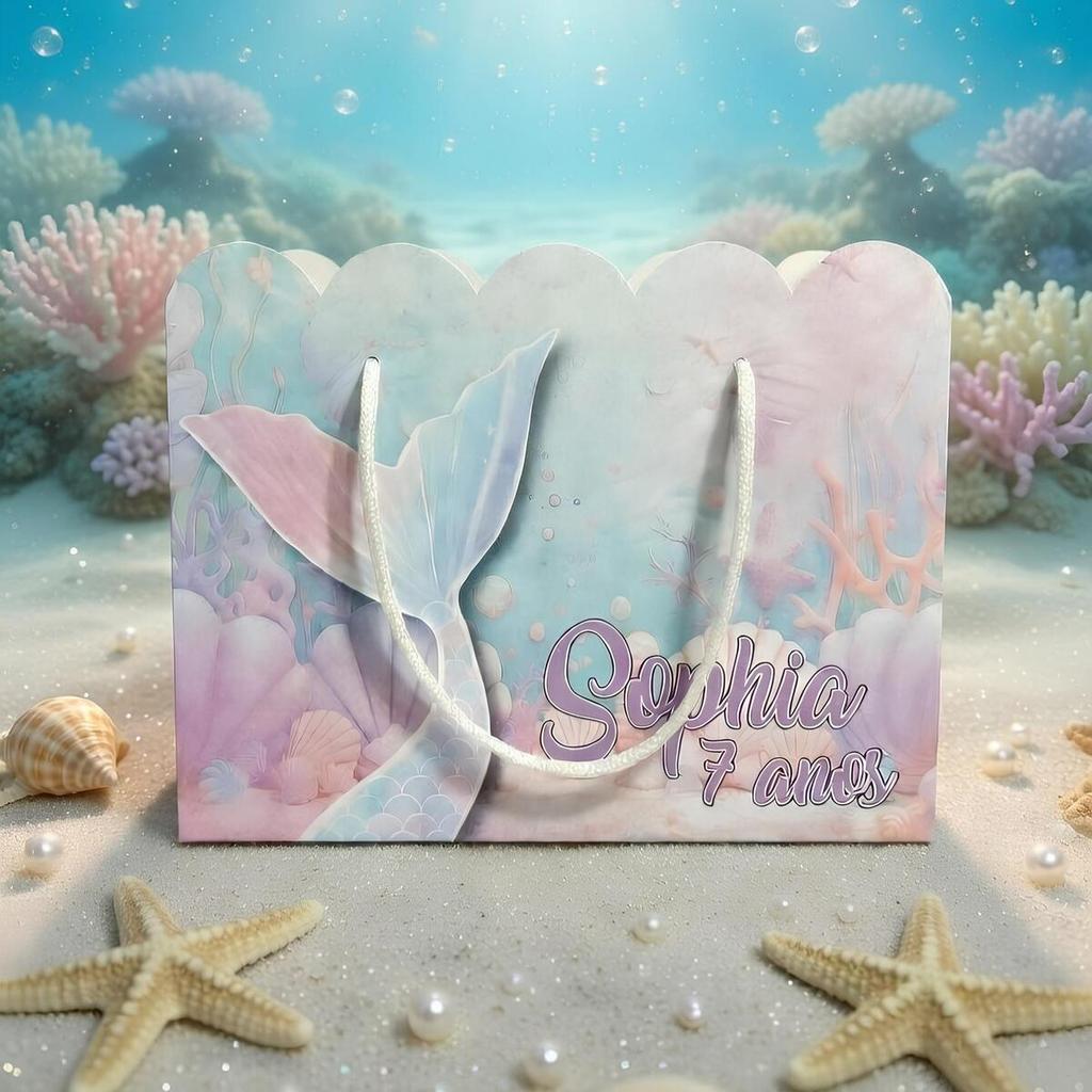 Kit Sacola Sacolinha Papelaria Personalizada Sereia Fundo do Mar Sacolinha de Lembrancinha Caixinha para Festa
