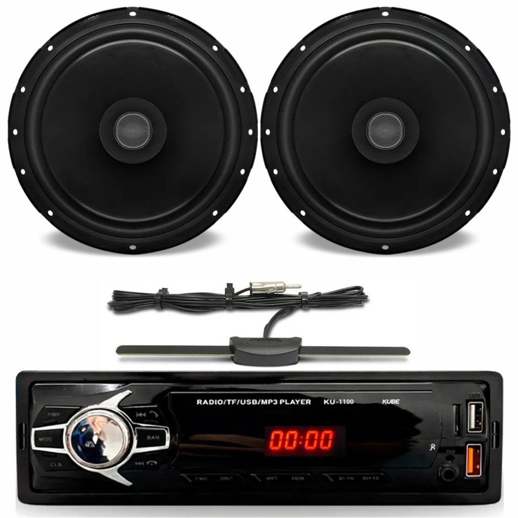 Kit Rádio Automotivo MP3 Kube KU-1100 Bluetooth + 2 Alto Falantes Bomber 6 pol 55W + Antena ST900