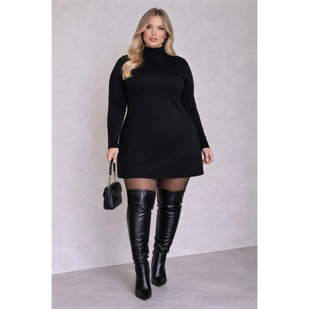 Vestido Plus Size Feminino Gola Alta Manga Longa Curto Confortável Elegante Sensual