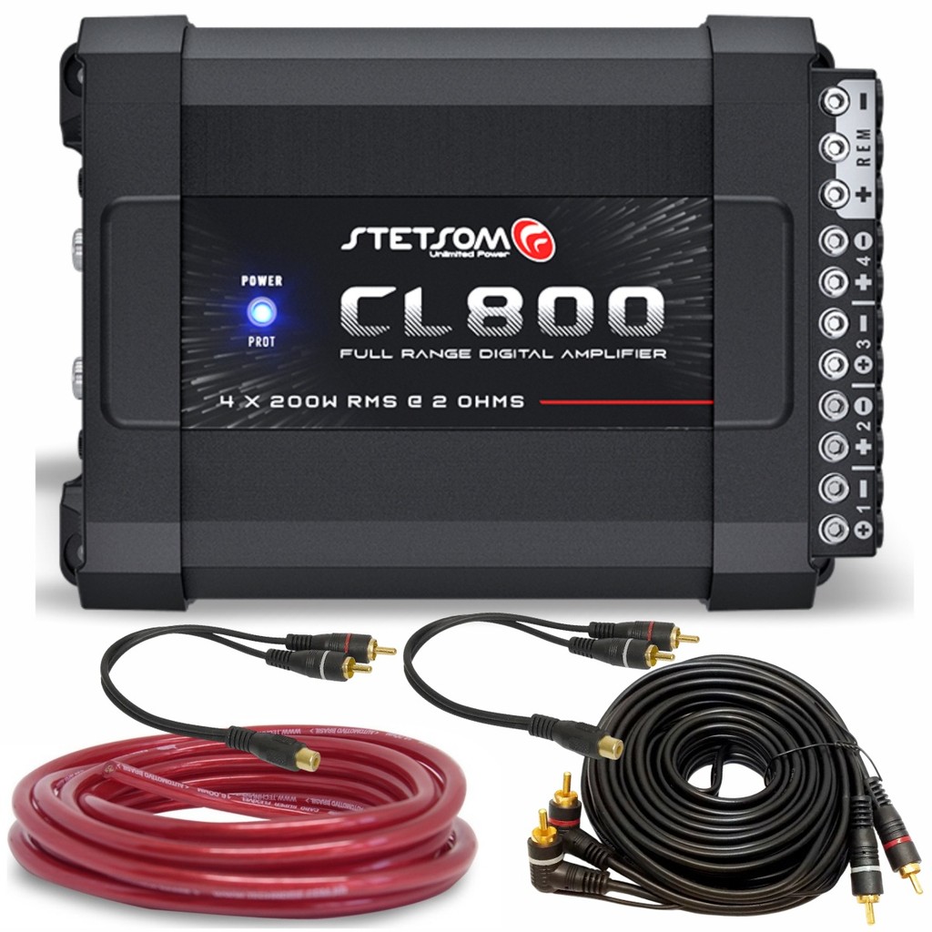 kit Modulo Amplificador Stetsom CL800.4 800 Watts + Cabo RCA 5 Metros + 2 Cabos Y + Cabo Bateria 9mm