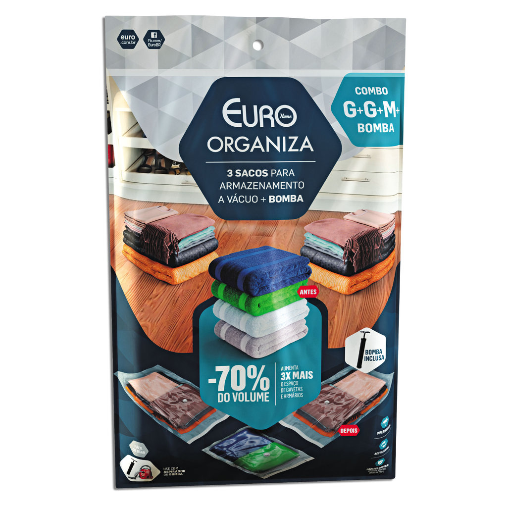 Kit Sacos a Vácuo com Bomba e 4 Tamanhos para Roupas, Mala de Viagem, Guarda-Roupa e Organização Euro Home