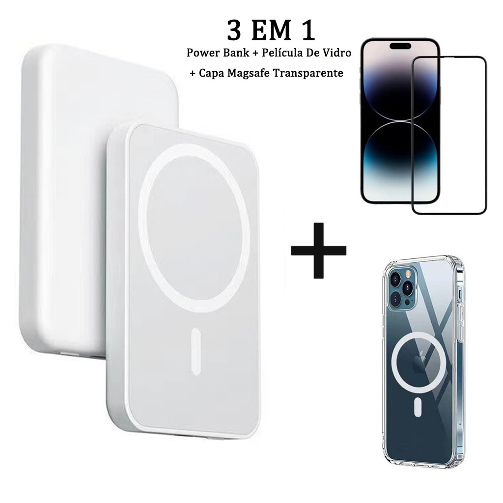 Kit 3 em 1 MagSafe iPhone – Power Bank Magnético + Capa Transparente + Película Vidro em Oferta na Shopee