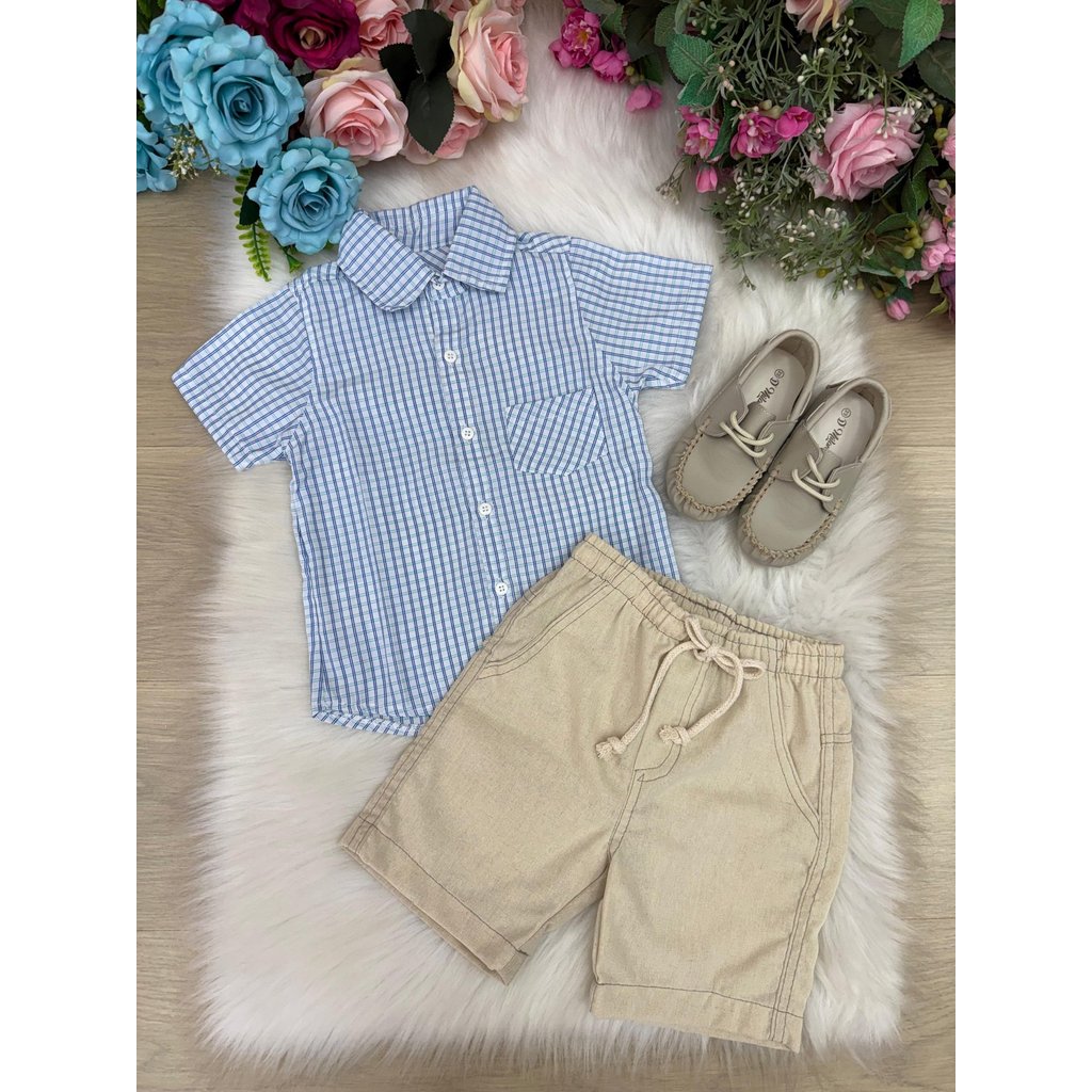 Conjunto Esporte Chic Menino Lucas Banana Club Shorts Camisa Azul Listrada Luxo Do 1 Ao 12